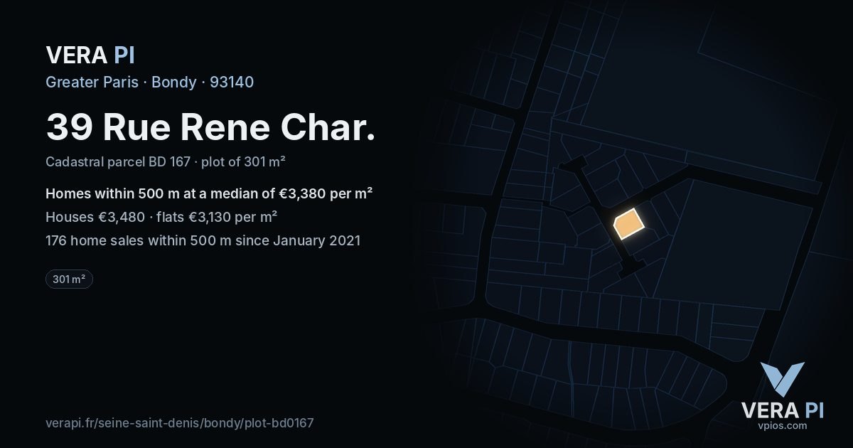39 Rue Rene Char, Bondy at night – the plot lit, the parcels around coloured by the prices near them