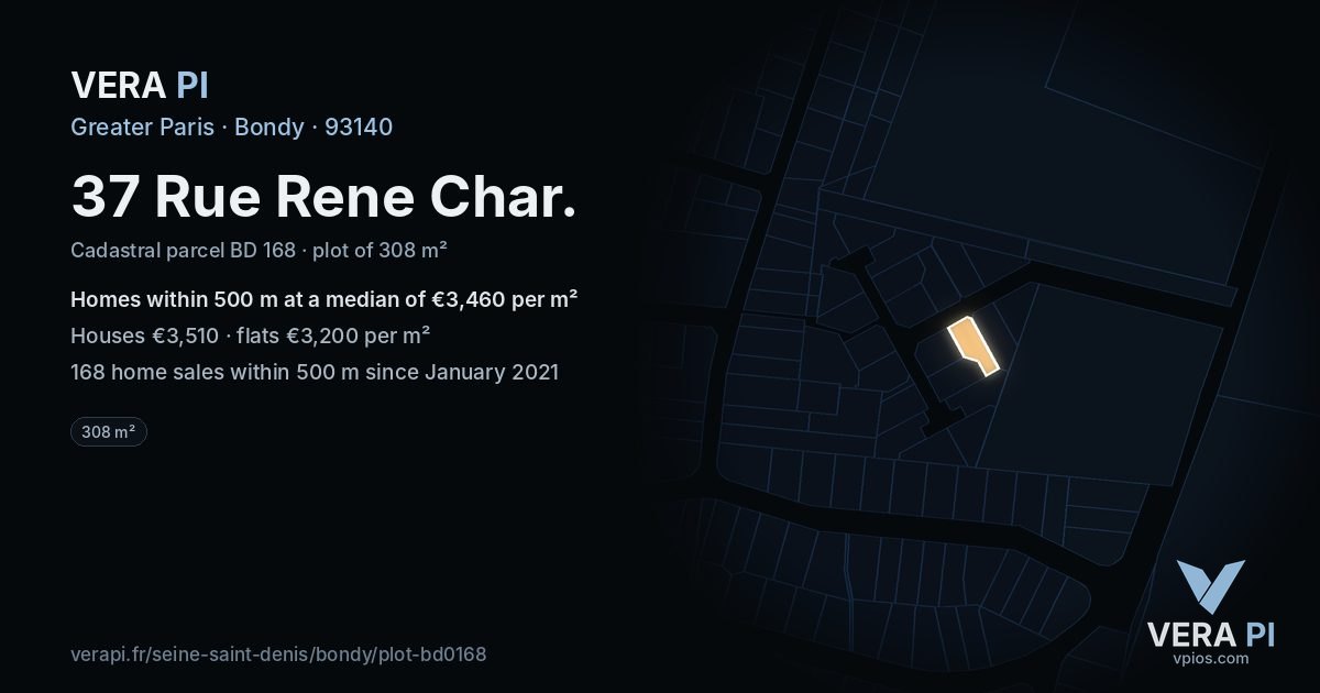 37 Rue Rene Char, Bondy at night – the plot lit, the parcels around coloured by the prices near them