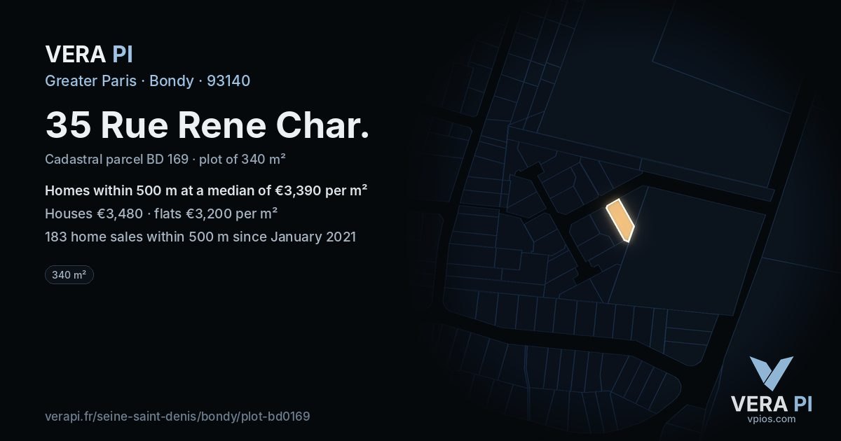 35 Rue Rene Char, Bondy at night – the plot lit, the parcels around coloured by the prices near them