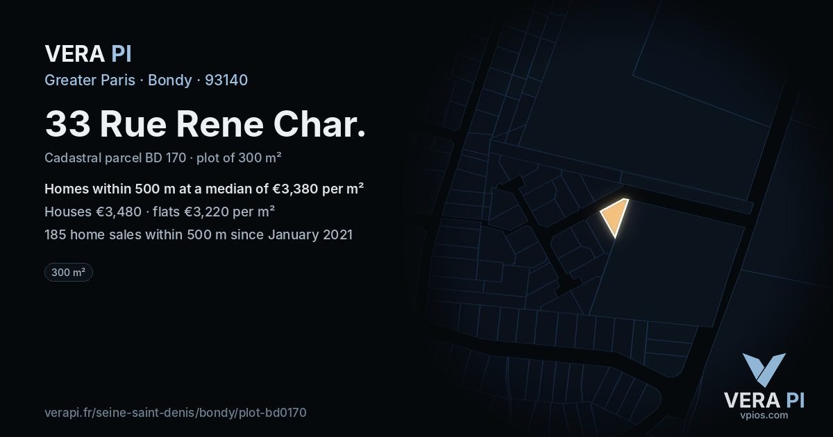 33 Rue Rene Char, Bondy at night – the plot lit, the parcels around coloured by the prices near them