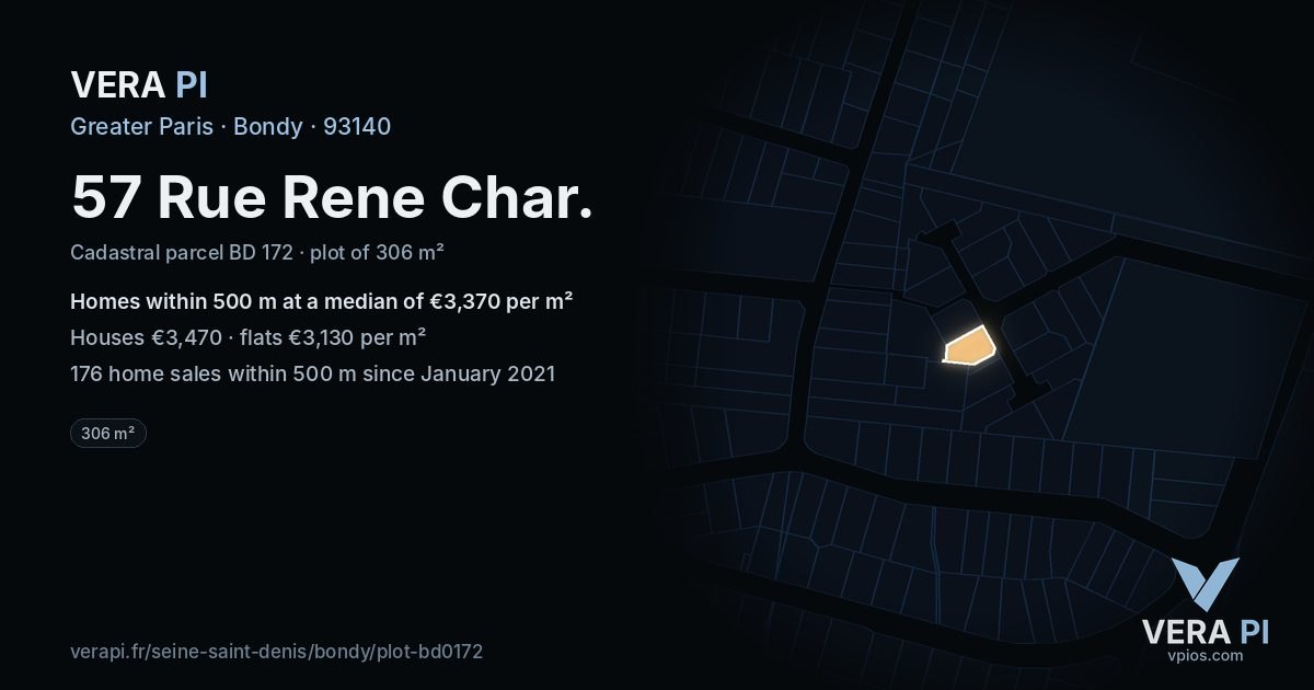 57 Rue Rene Char, Bondy at night – the plot lit, the parcels around coloured by the prices near them
