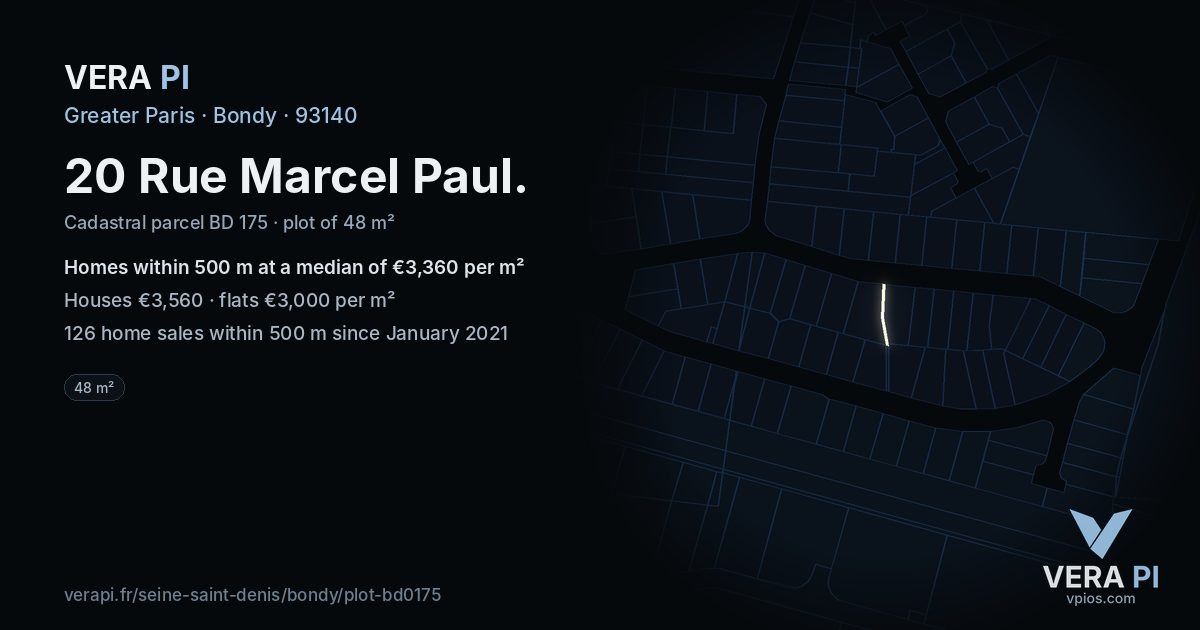 20 Rue Marcel Paul, Bondy at night – the plot lit, the parcels around coloured by the prices near them