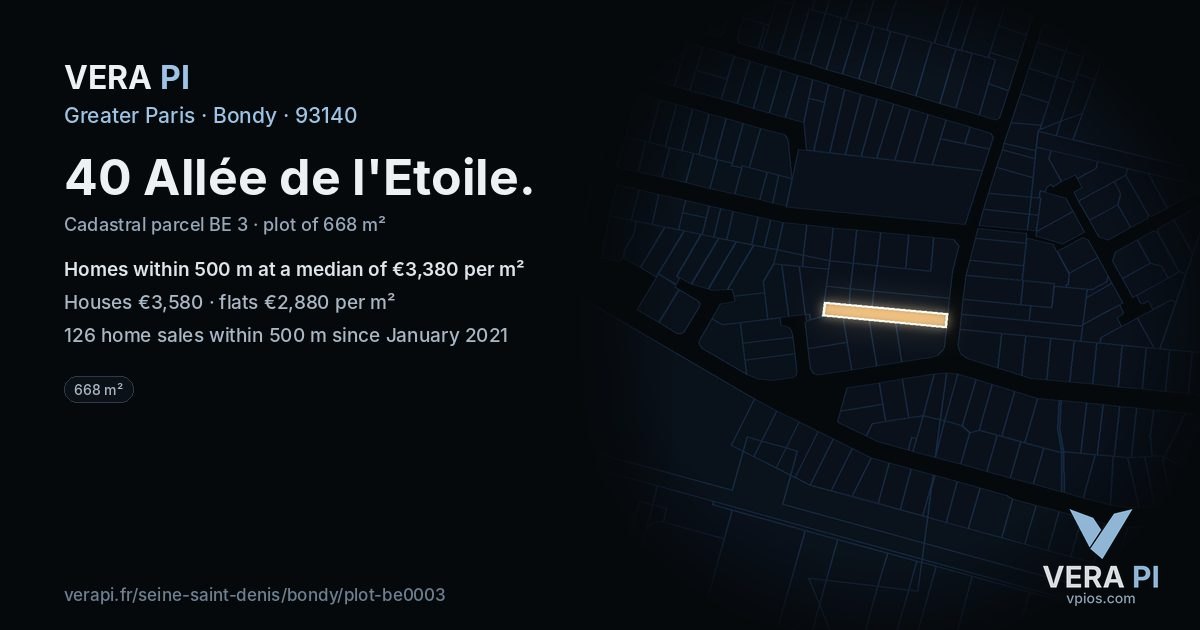 40 Allée de l'Etoile, Bondy at night – the plot lit, the parcels around coloured by the prices near them