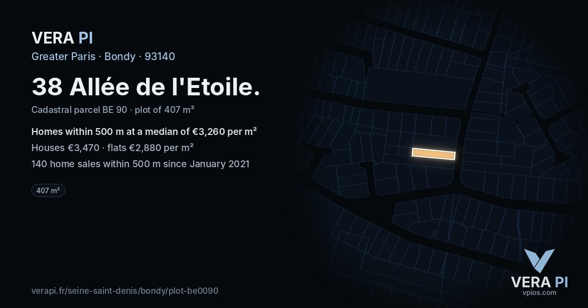 38 Allée de l'Etoile, Bondy at night – the plot lit, the parcels around coloured by the prices near them