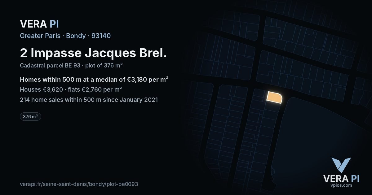 2 Impasse Jacques Brel, Bondy at night – the plot lit, the parcels around coloured by the prices near them
