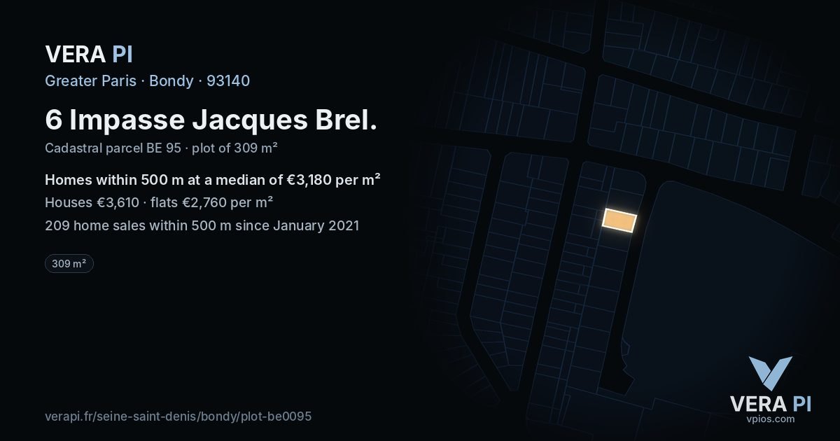 6 Impasse Jacques Brel, Bondy at night – the plot lit, the parcels around coloured by the prices near them