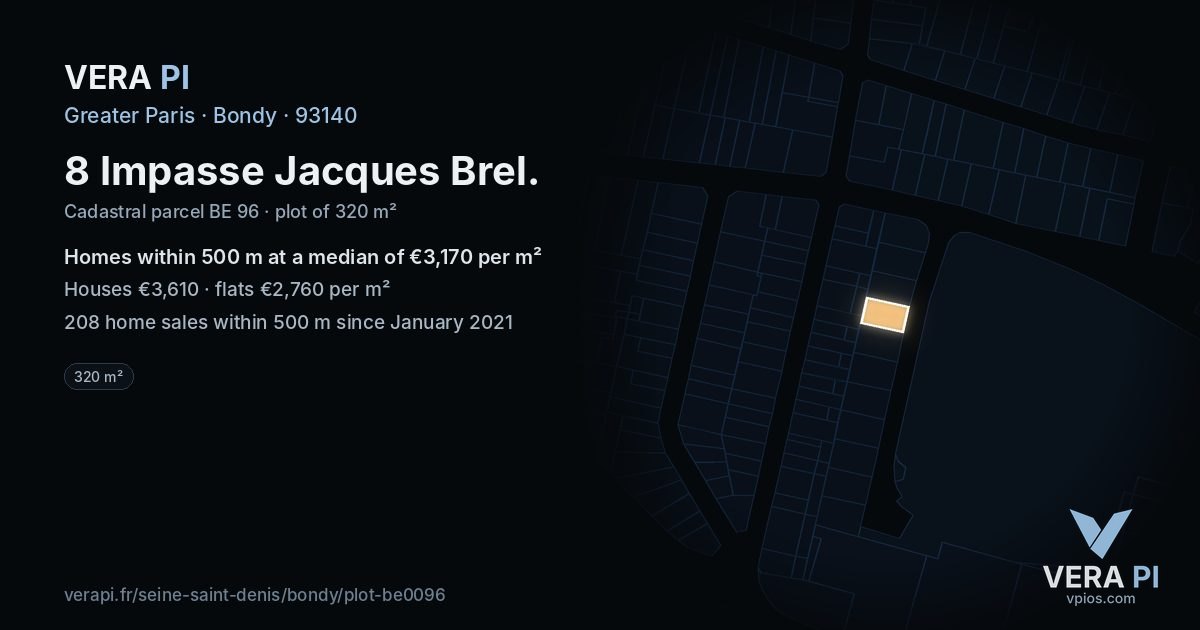 8 Impasse Jacques Brel, Bondy at night – the plot lit, the parcels around coloured by the prices near them