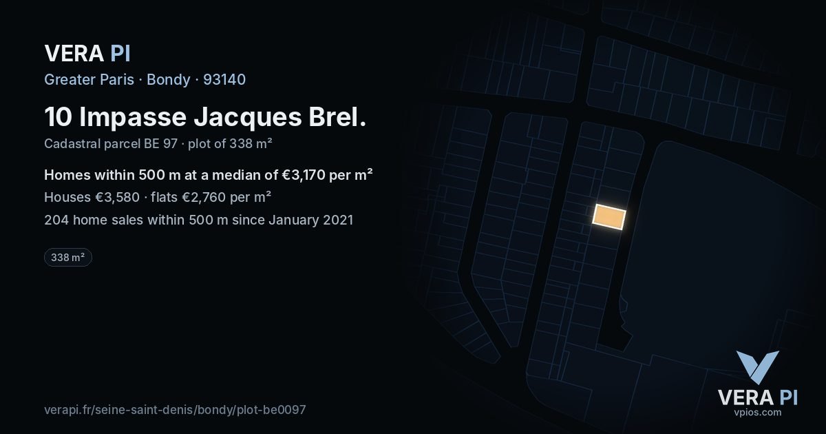 10 Impasse Jacques Brel, Bondy at night – the plot lit, the parcels around coloured by the prices near them
