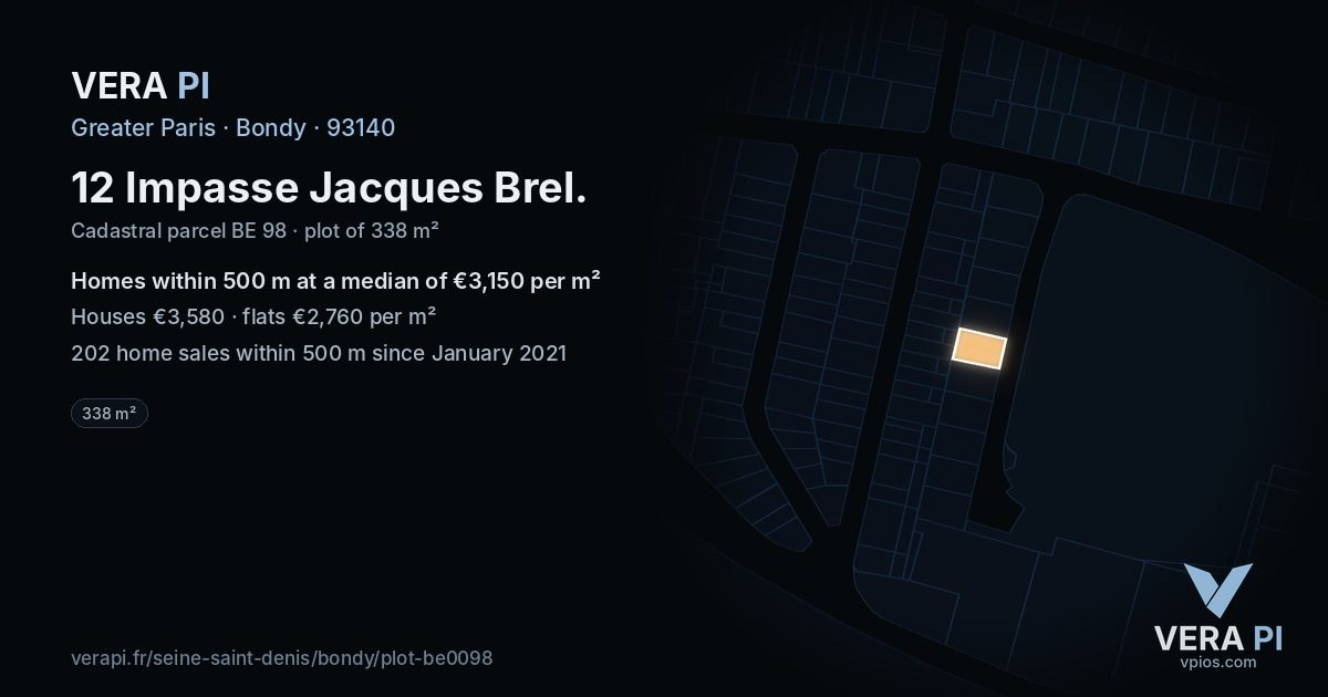 12 Impasse Jacques Brel, Bondy at night – the plot lit, the parcels around coloured by the prices near them