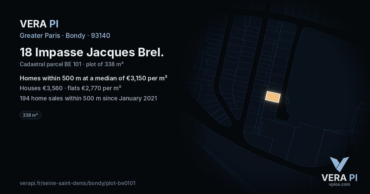 18 Impasse Jacques Brel, Bondy at night – the plot lit, the parcels around coloured by the prices near them