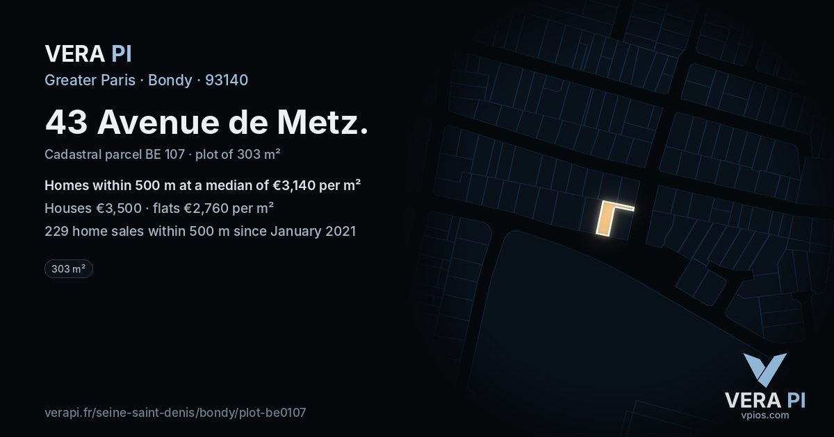 43 Avenue de Metz, Bondy at night – the plot lit, the parcels around coloured by the prices near them