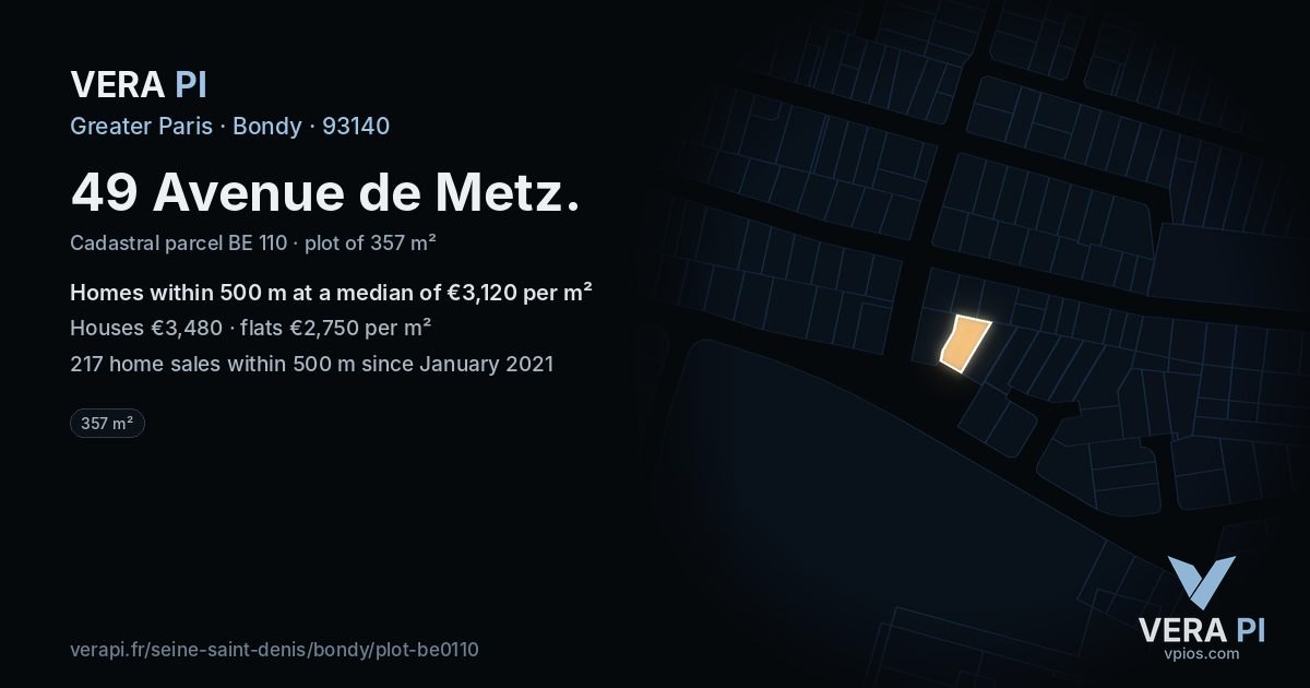 49 Avenue de Metz, Bondy at night – the plot lit, the parcels around coloured by the prices near them