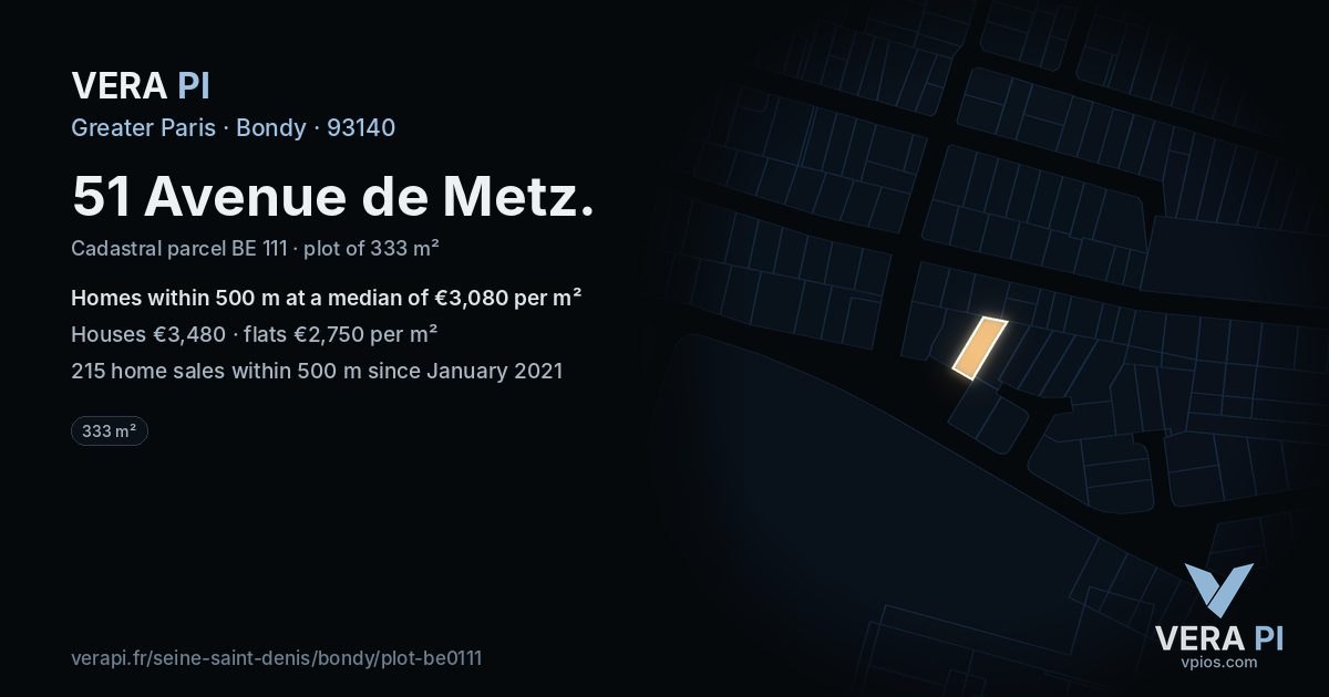 51 Avenue de Metz, Bondy at night – the plot lit, the parcels around coloured by the prices near them