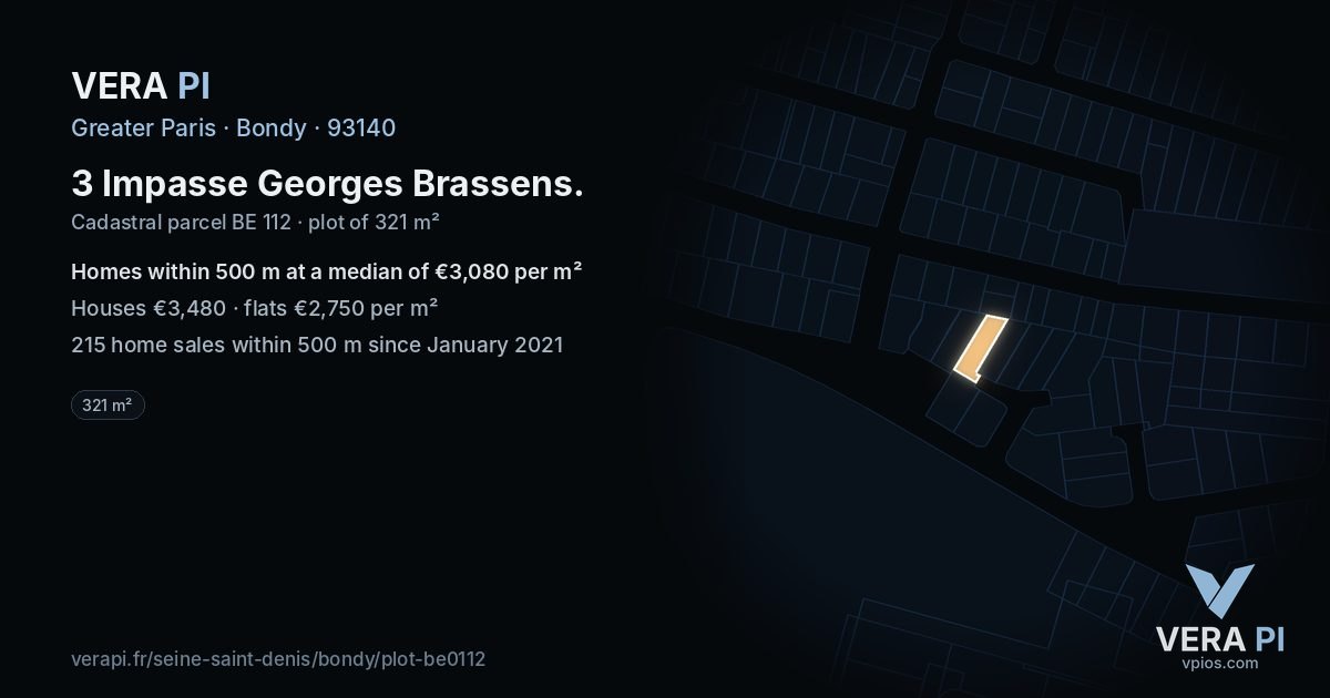 3 Impasse Georges Brassens, Bondy at night – the plot lit, the parcels around coloured by the prices near them