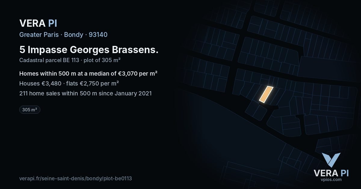 5 Impasse Georges Brassens, Bondy at night – the plot lit, the parcels around coloured by the prices near them
