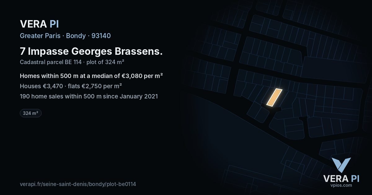 7 Impasse Georges Brassens, Bondy at night – the plot lit, the parcels around coloured by the prices near them