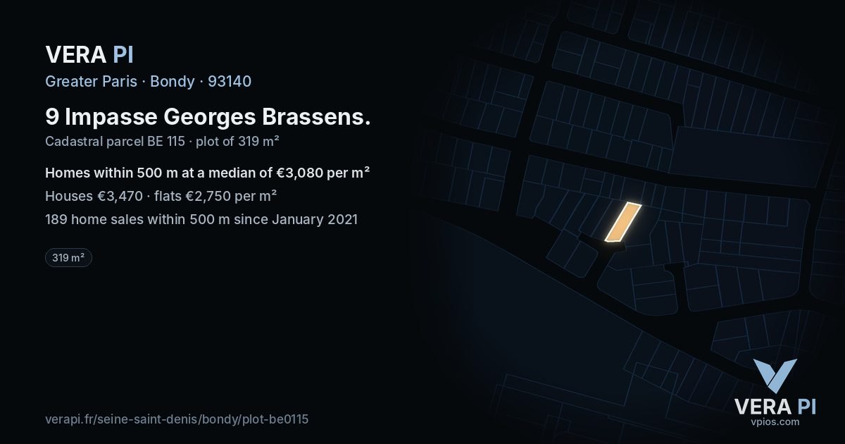 9 Impasse Georges Brassens, Bondy at night – the plot lit, the parcels around coloured by the prices near them