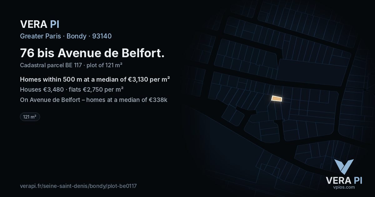 76 bis Avenue de Belfort, Bondy at night – the plot lit, the parcels around coloured by the prices near them