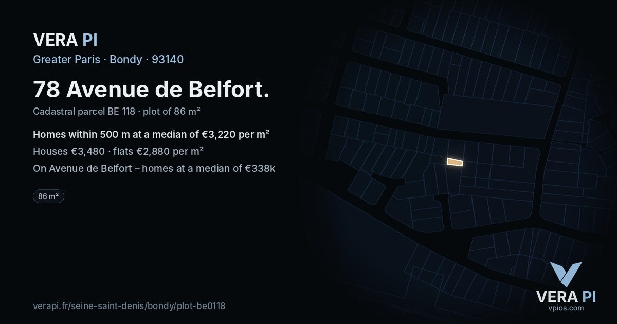 78 Avenue de Belfort, Bondy at night – the plot lit, the parcels around coloured by the prices near them