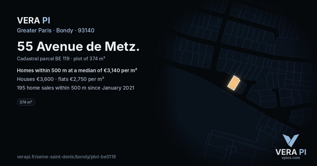 55 Avenue de Metz, Bondy at night – the plot lit, the parcels around coloured by the prices near them