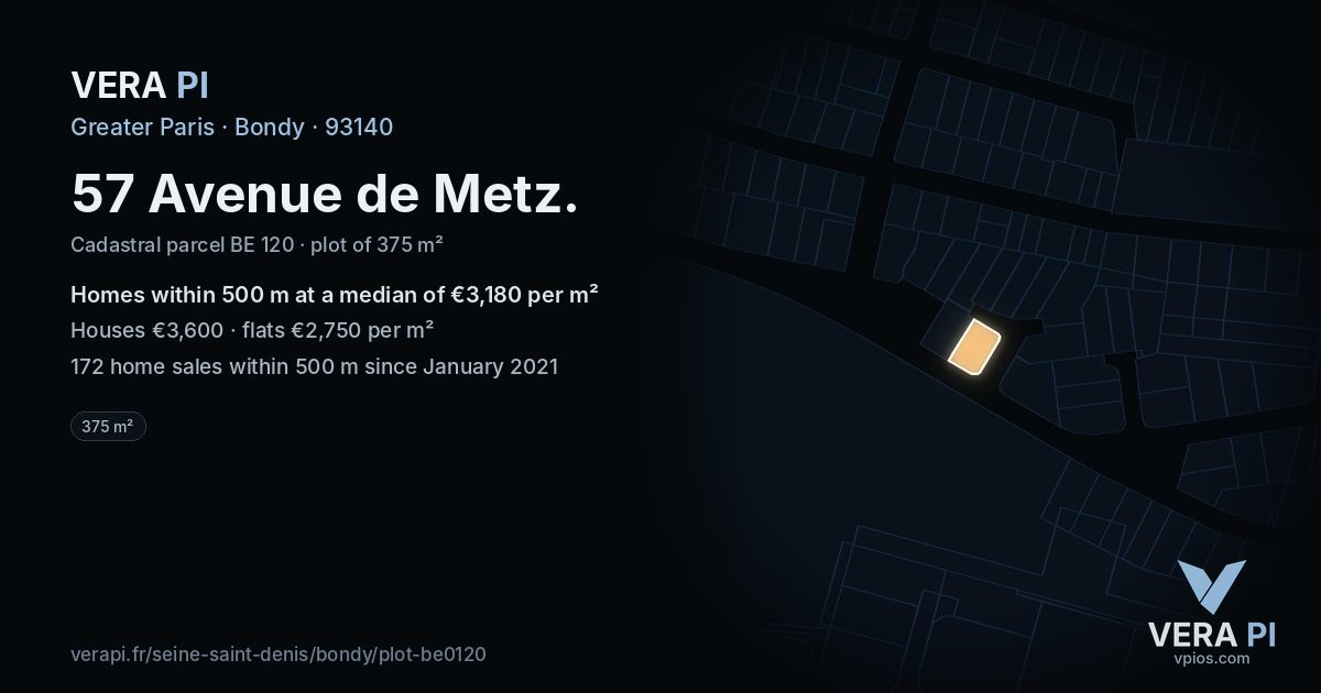 57 Avenue de Metz, Bondy at night – the plot lit, the parcels around coloured by the prices near them