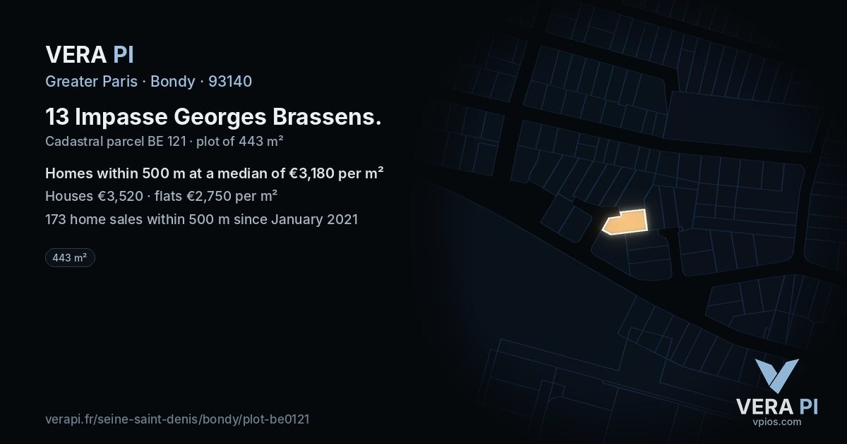 13 Impasse Georges Brassens, Bondy at night – the plot lit, the parcels around coloured by the prices near them