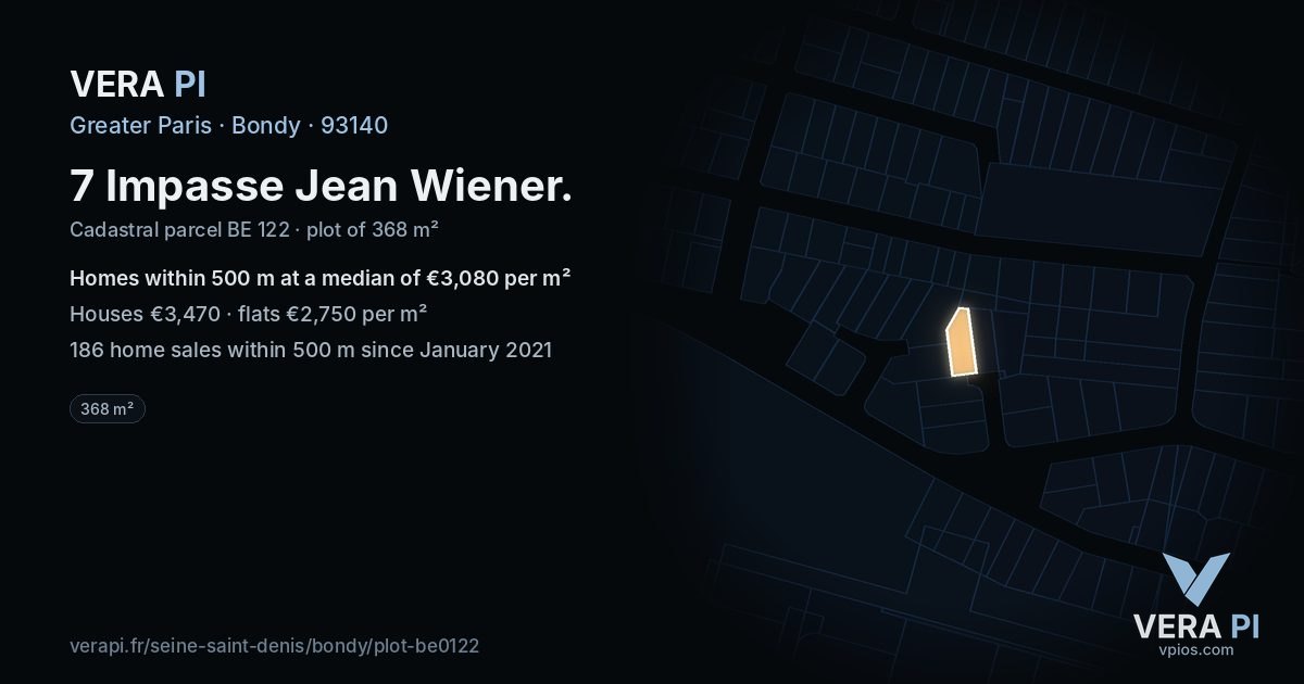 7 Impasse Jean Wiener, Bondy at night – the plot lit, the parcels around coloured by the prices near them