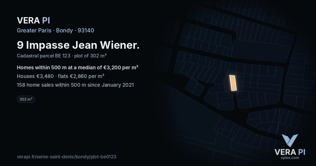 9 Impasse Jean Wiener, Bondy at night – the plot lit, the parcels around coloured by the prices near them