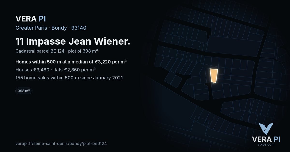 11 Impasse Jean Wiener, Bondy at night – the plot lit, the parcels around coloured by the prices near them