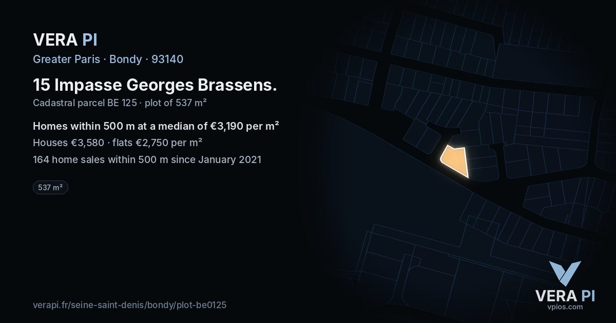 15 Impasse Georges Brassens, Bondy at night – the plot lit, the parcels around coloured by the prices near them