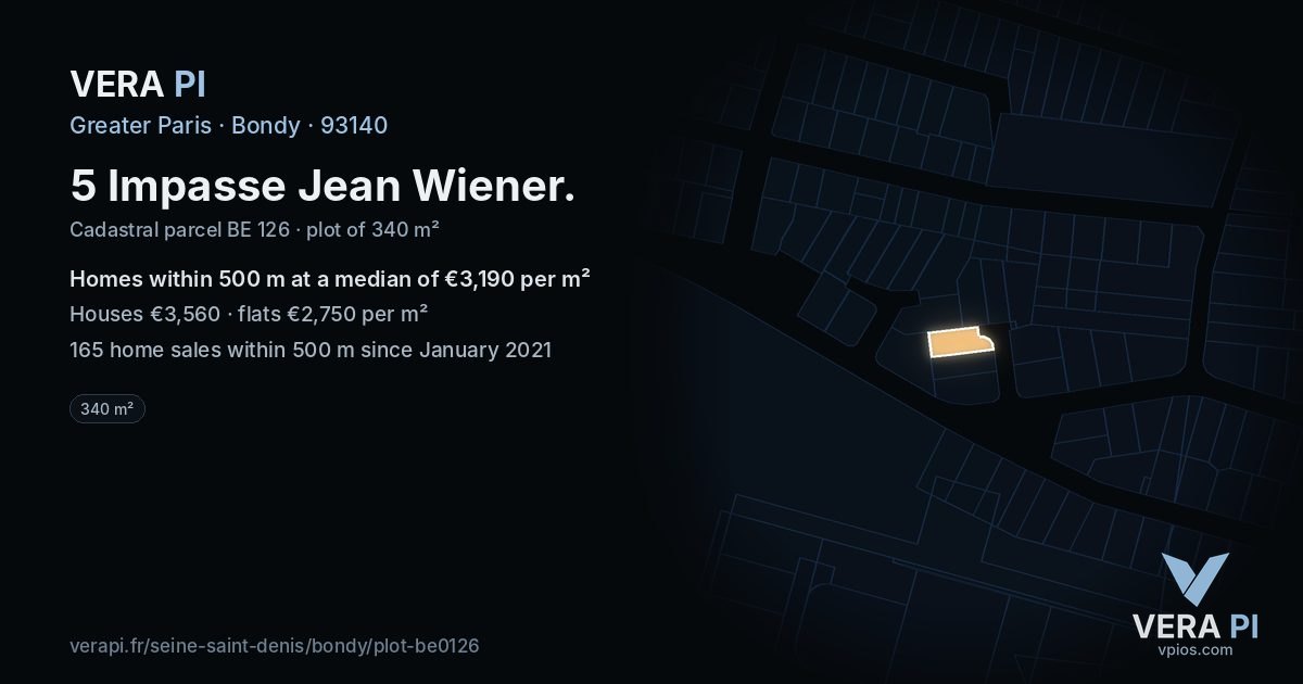 5 Impasse Jean Wiener, Bondy at night – the plot lit, the parcels around coloured by the prices near them