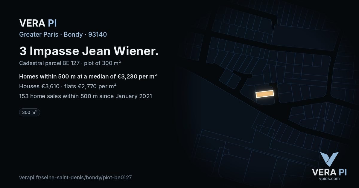 3 Impasse Jean Wiener, Bondy at night – the plot lit, the parcels around coloured by the prices near them