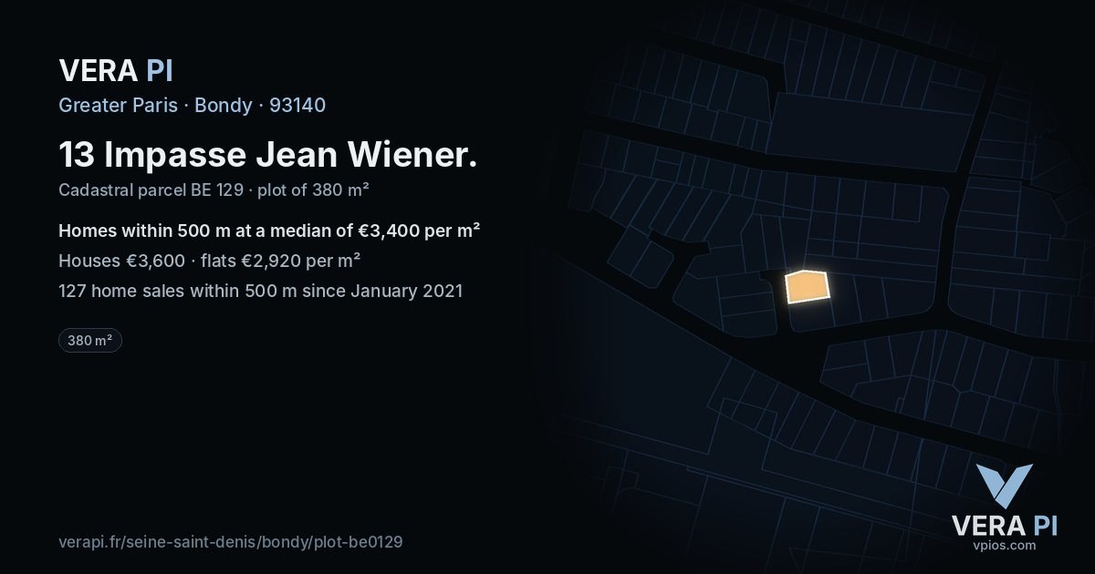 13 Impasse Jean Wiener, Bondy at night – the plot lit, the parcels around coloured by the prices near them