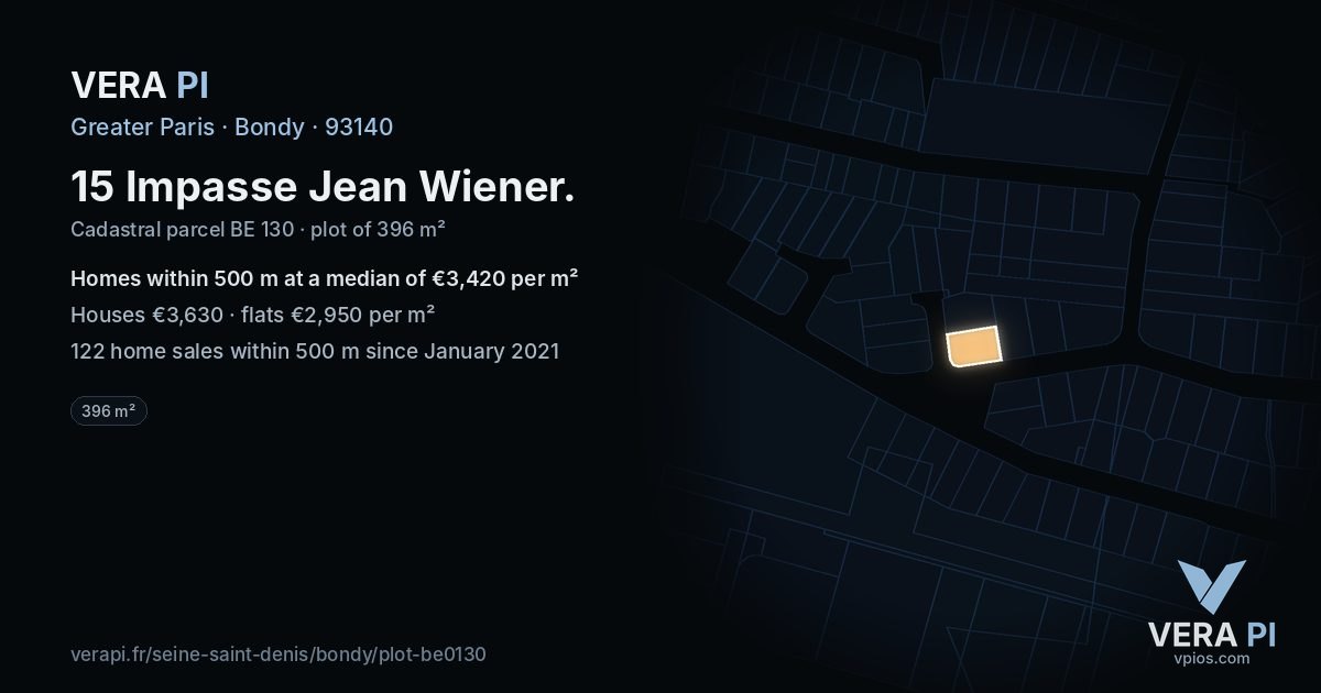 15 Impasse Jean Wiener, Bondy at night – the plot lit, the parcels around coloured by the prices near them