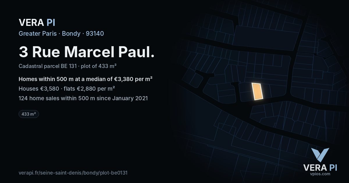 3 Rue Marcel Paul, Bondy at night – the plot lit, the parcels around coloured by the prices near them