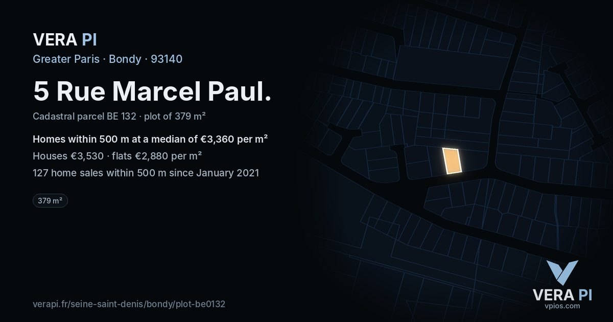 5 Rue Marcel Paul, Bondy at night – the plot lit, the parcels around coloured by the prices near them