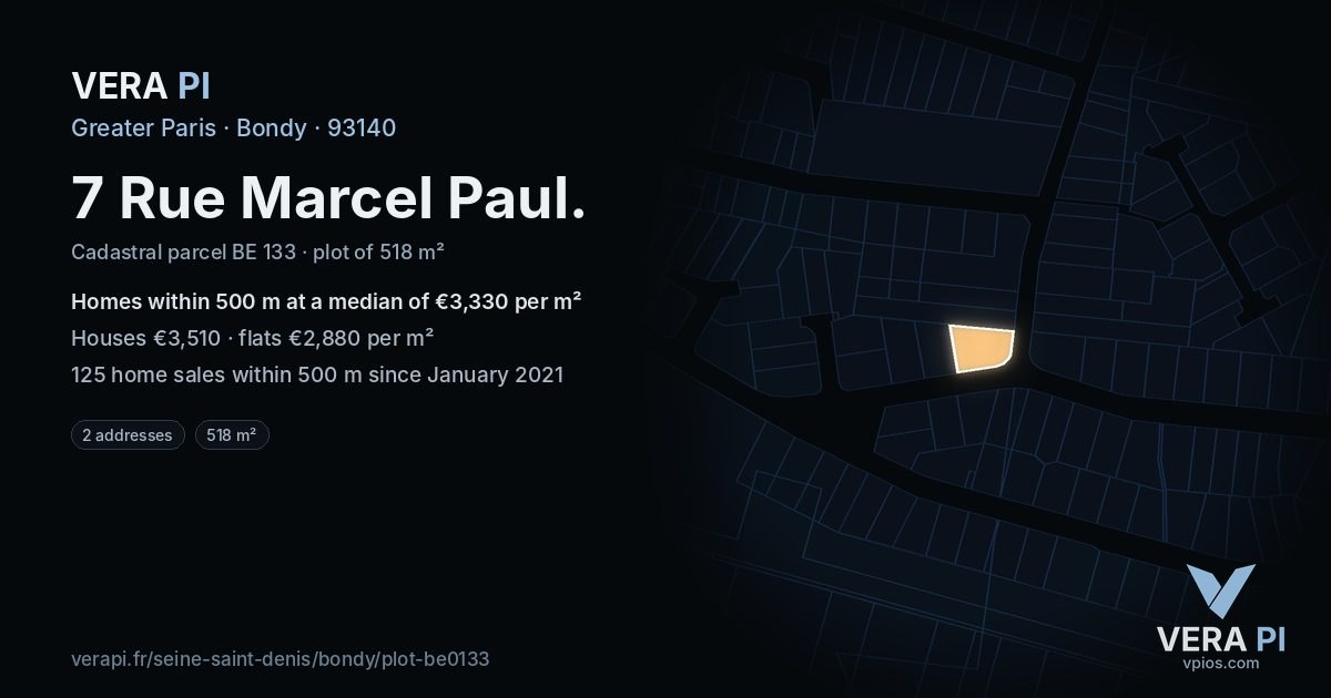 7 Rue Marcel Paul, Bondy at night – the plot lit, the parcels around coloured by the prices near them