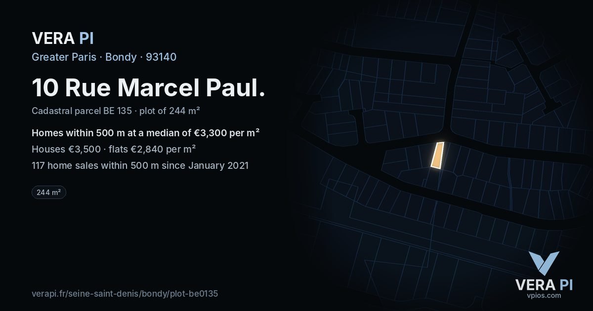 10 Rue Marcel Paul, Bondy at night – the plot lit, the parcels around coloured by the prices near them