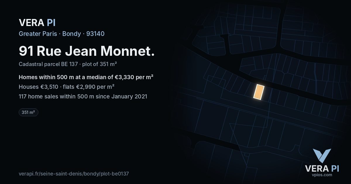 91 Rue Jean Monnet, Bondy at night – the plot lit, the parcels around coloured by the prices near them