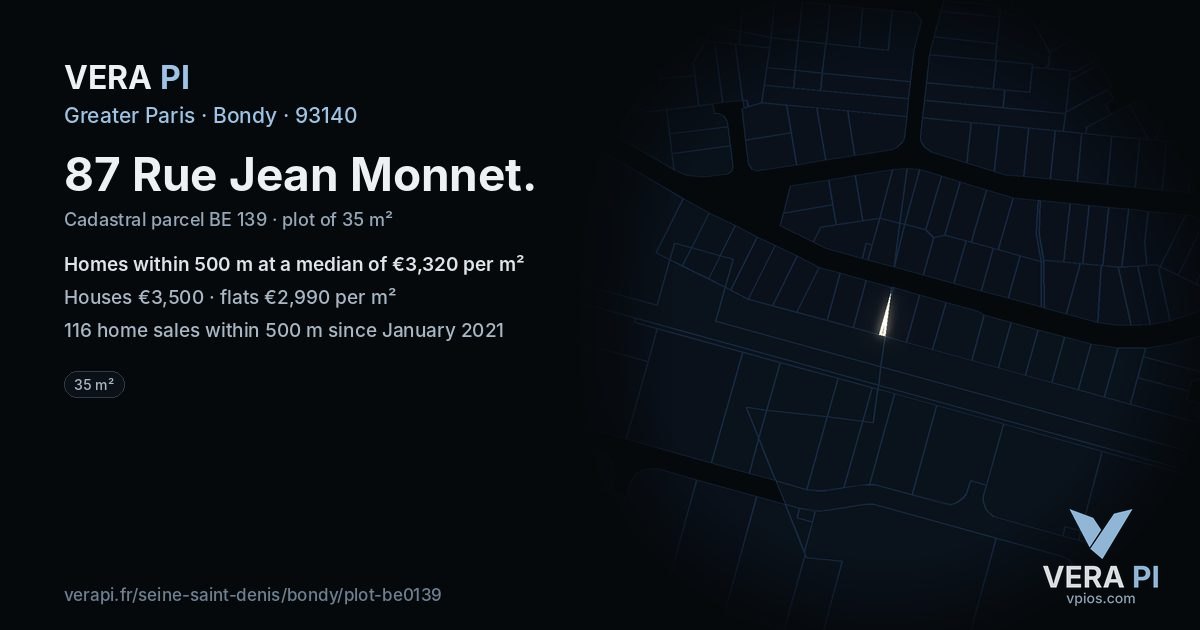 87 Rue Jean Monnet, Bondy at night – the plot lit, the parcels around coloured by the prices near them