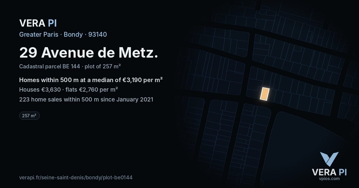 29 Avenue de Metz, Bondy at night – the plot lit, the parcels around coloured by the prices near them