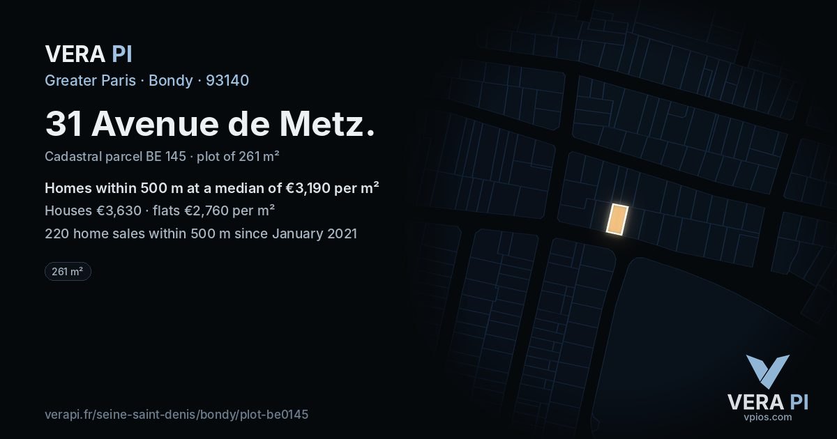 31 Avenue de Metz, Bondy at night – the plot lit, the parcels around coloured by the prices near them