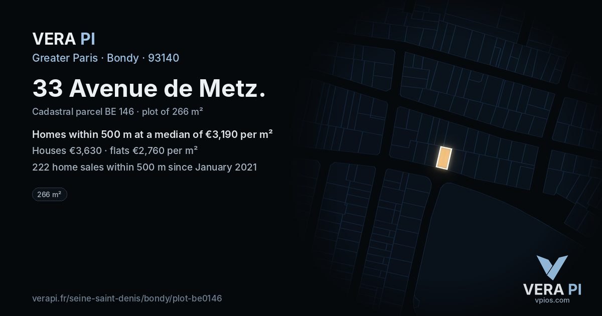 33 Avenue de Metz, Bondy at night – the plot lit, the parcels around coloured by the prices near them
