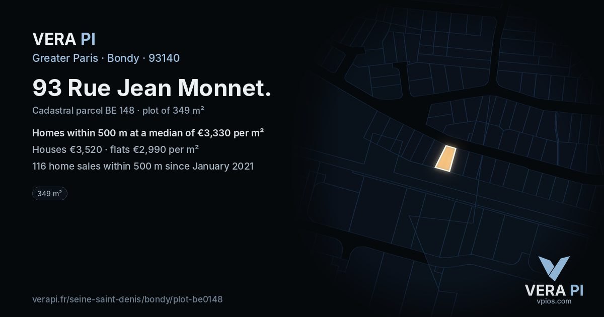 93 Rue Jean Monnet, Bondy at night – the plot lit, the parcels around coloured by the prices near them