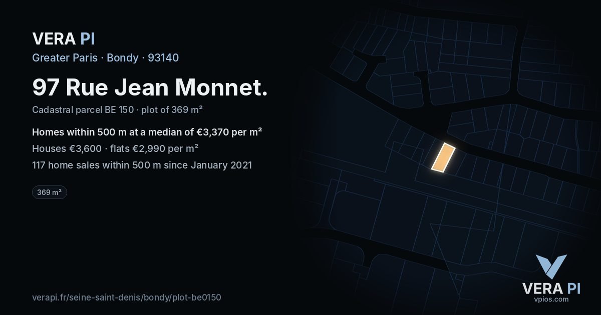 97 Rue Jean Monnet, Bondy at night – the plot lit, the parcels around coloured by the prices near them