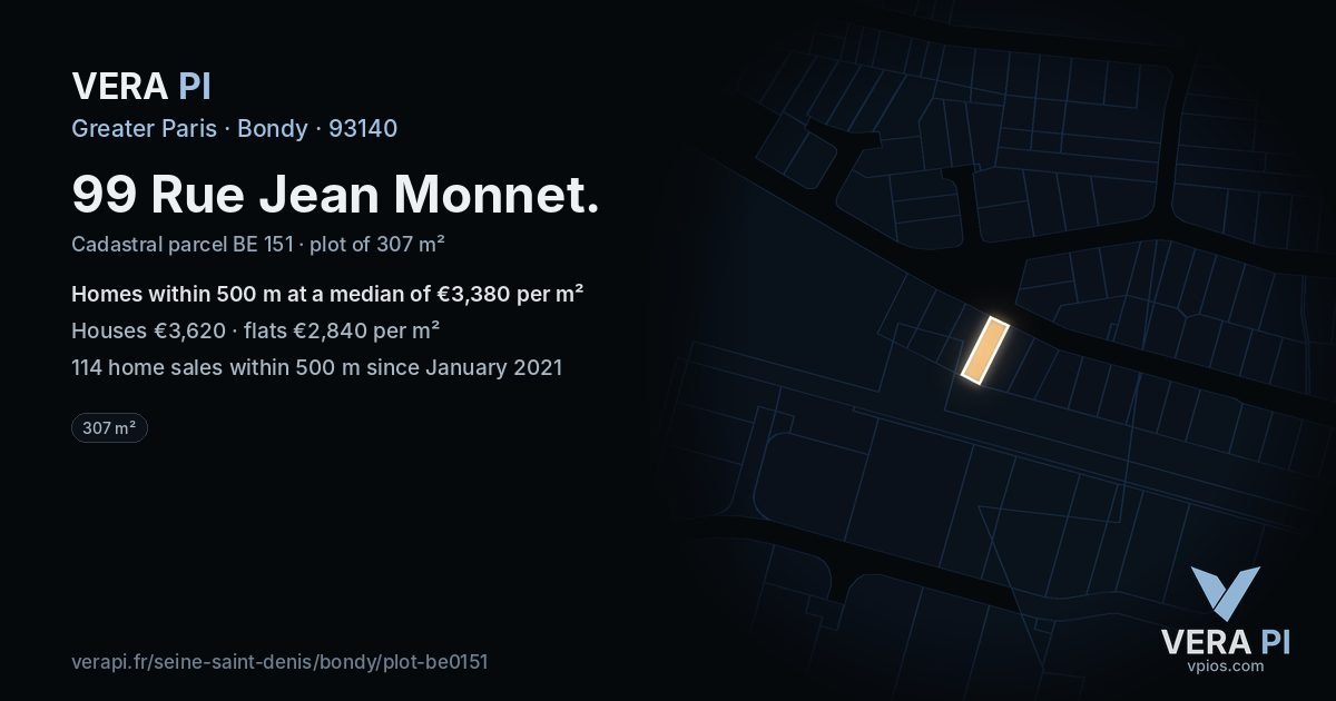 99 Rue Jean Monnet, Bondy at night – the plot lit, the parcels around coloured by the prices near them