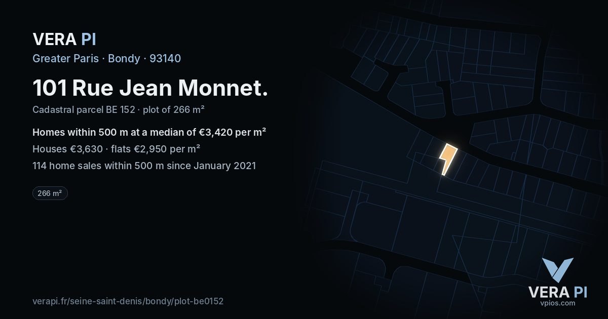 101 Rue Jean Monnet, Bondy at night – the plot lit, the parcels around coloured by the prices near them