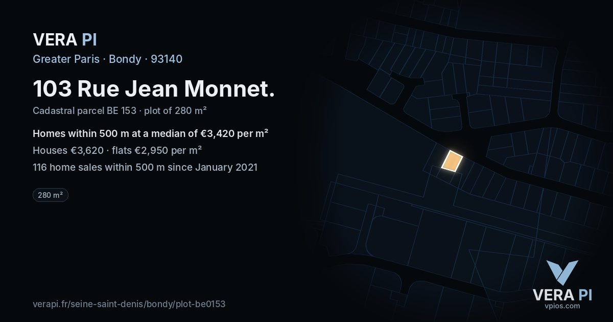 103 Rue Jean Monnet, Bondy at night – the plot lit, the parcels around coloured by the prices near them