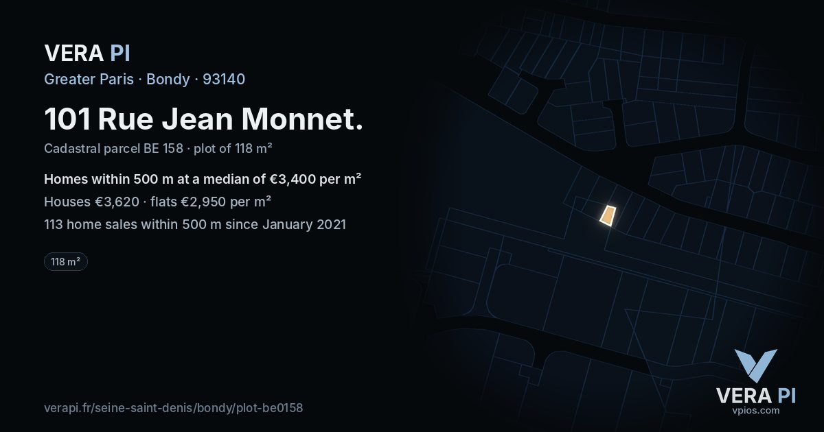 101 Rue Jean Monnet, Bondy at night – the plot lit, the parcels around coloured by the prices near them