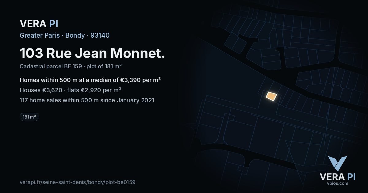 103 Rue Jean Monnet, Bondy at night – the plot lit, the parcels around coloured by the prices near them